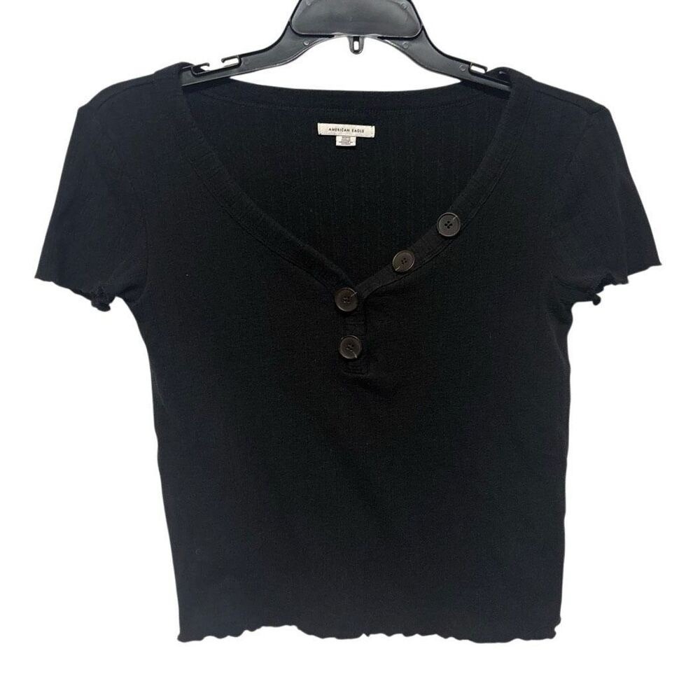 American Eagle Black Cropped Shirt Medium Cotton Blend Ribbed Indie Y2K Downtown
